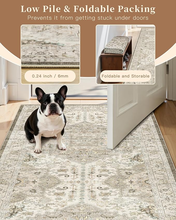Madane 5x7 Area Rugs for Living Room, Stain Resistant Washable Rugs, Non-Slip Backing Area Rug, Vintage Home Decor Rug for Bedroom (Ivory/Brown, 5'x7')