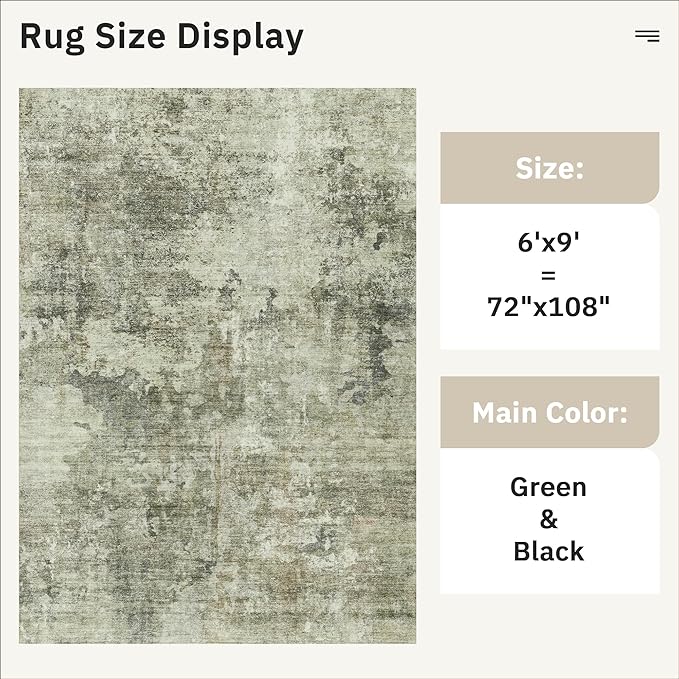 Area Rug 6x9 Abstract Living Room Washable Rugs Green Black Non Slip Low Pile Carpet for Bedroom Dining Room Foldable Thin