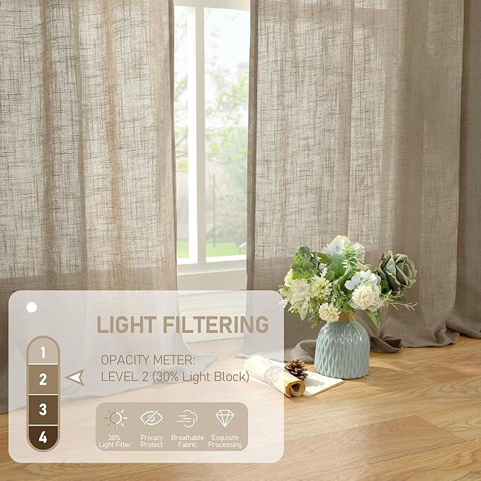 LAMIT Taupe Linen Curtains 24 Inch Length for Cafe, Semi Sheer Light Filtering Panels Back Tab and Rod Pocket Small Window Drapes for Basement, 2 Panels, 34 x 24 Inch