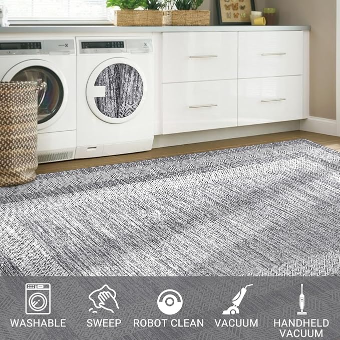 GarveeHome 8x10 Large Washable Area Rug Modern Bordered Rug Distressed Geometric Floor Carpet, Soft Non Slip Rug, Low Pile Non Shedding Rug, Indoor Gray Rug for Bedroom, Living Room