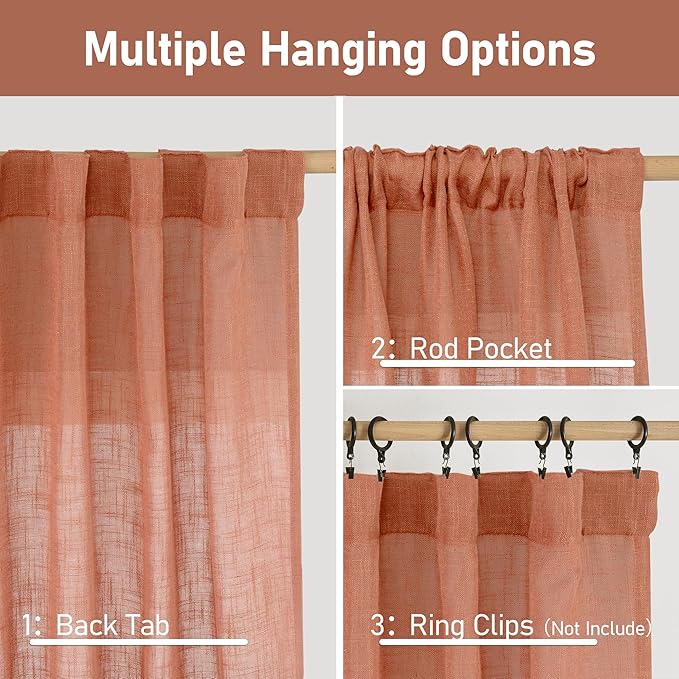 LAMIT Terracotta Linen Curtains 40 Inch for Small Window, Light Filtering Neutral Semi Sheer Window Boho Curtains Back Tab and Rod Pocket Panels for Living Room, 2 Panels, 34 x 40 Inch