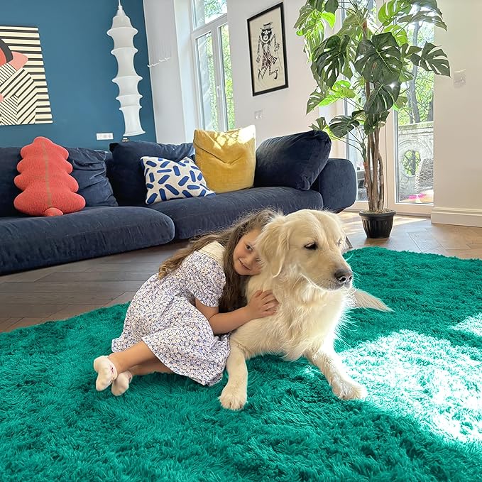 OLANLY 6x9 Machine Washable Large Area Rugs for Living Room, Bedroom, Soft Fluffy Shaggy Bedside Rug, Indoor Floor Carpet for Kids Girls and Boys, Dorms, Nursery, Home Decor Aesthetic, Teal Green