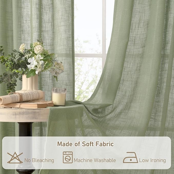 LAMIT Sheer Linen Curtains 63 Inches Long, Semi Sheer Light Filtering Panels Back Tab and Rod Pocket Small Window Drapes for Basement/Bedroom/Loft Room, Sage Green, 2 Panels, 34 x 63 Inch