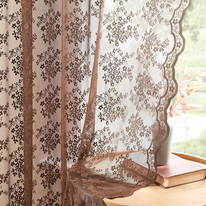 YJ YANJUN Vintage Lace Curtains 72 Inches Long- Country Brown Floral Curtains for Home Office Living Room 2 Panels, Earthy Embroidered Texture, Privacy Rustic Cottage Core Neutral Decor W52 X L72