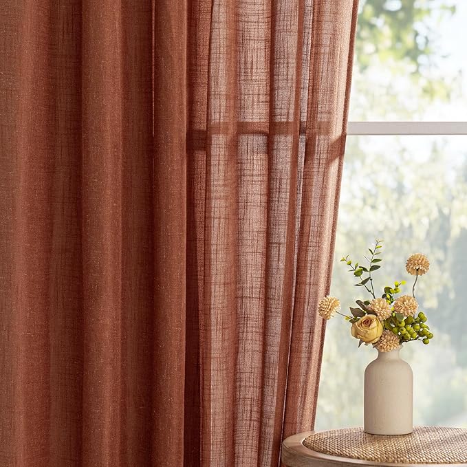 MYSKY HOME Sheer Linen Curtains 63 Inch Length for Bedroom, Light Filtering Privacy Drapes, Short Curtains for Small Window Back Tab Soft Touch Style Texture for Closet/Kitchen, Terracotta, 50"x63"