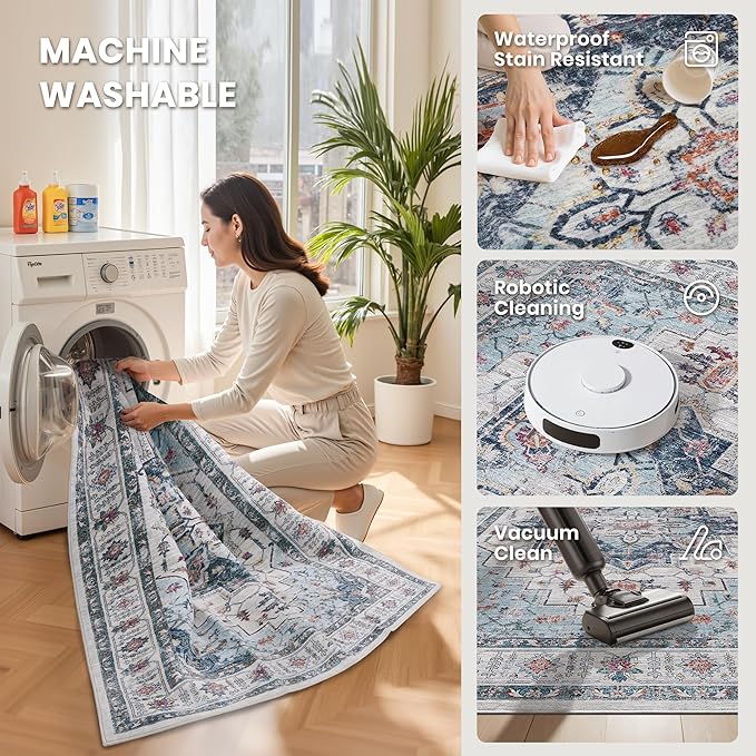 zesthome Area Rugs 9x12, Washable Rug Non-Slip Low Pile Rugs for Living Room, Bedroom, Home Decor Vintage Large Area Rug (Blue,9'x12')