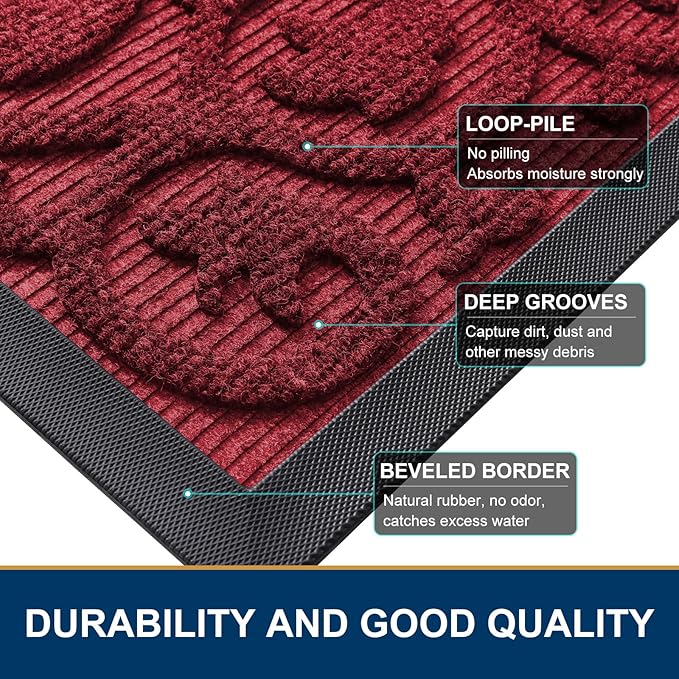 Smiry Welcome Door Mat Outside Entrance, Heavy Duty Trap Dirt and Moisture Easy Clean Low Profile Patio Porch Indoor Outdoor Front Doormat for Entry, 29.5x17 Inch, Burgundy