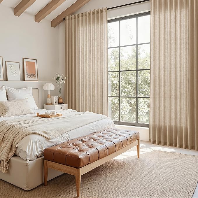 Sand Beige Linen Curtains for Living Room 98 Inches Long Simple Modern Light Filtering Semi Sheer Curtain Back Tab Rustic Farmhouse Luxury Home Decor Drapes for Bedroom Dinner Room 52x98, 2 Panels