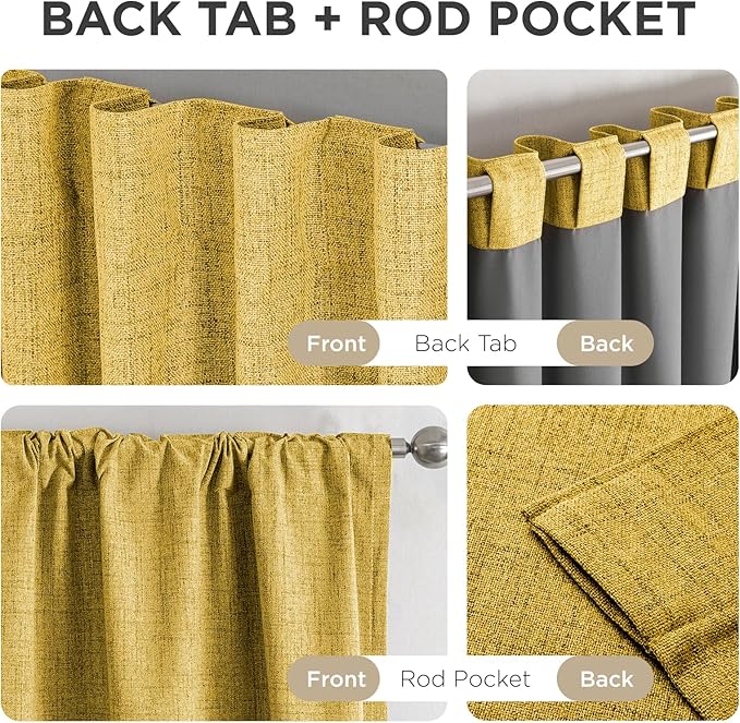 Joydeco Linen Blackout Curtains for Bedroom - 100% Light Blocking 1 Panels, Yellow Drapes 70" W x 96" L, Thermal Insulated Room Darkening Curtains for Living Room, Rod Pocket & Back Tabs
