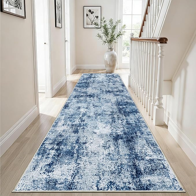 3x12 Washable Hallway Runner Rug: Non Slip Carpet Runners Easy-to-Clean - Soft Living Room Bedroom Kitchen Rugs - Thin Low Pile Printed Floor Mat for Dining Room Neutral Blue