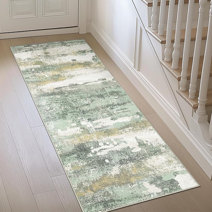 BEIMO Runner Rug for Hallway Kitchen, 3x8 Machine Washable Runners Rug for Entryway, Soft Modern Abstract Throw Rugs, Low Pile Floor Cover with Non Slip Backing, Light Green
