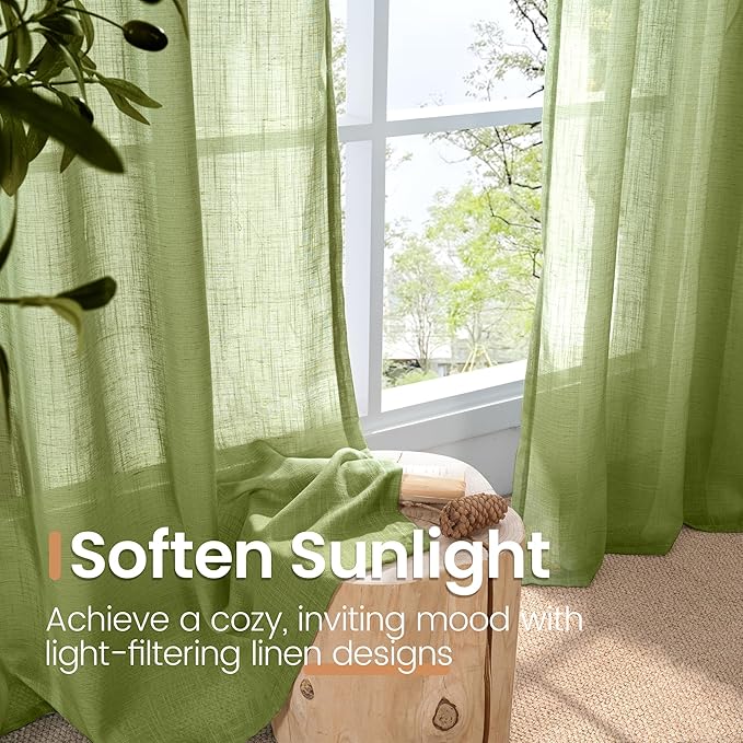 BGment 45 Inch Length Green Linen Curtains for Kitchen Window - Short Drapes Semi Sheer Textured Light Filtering with Rod Pocket for Cafe Front Door Window, 2 Panels Set, 30 X 45 Inch