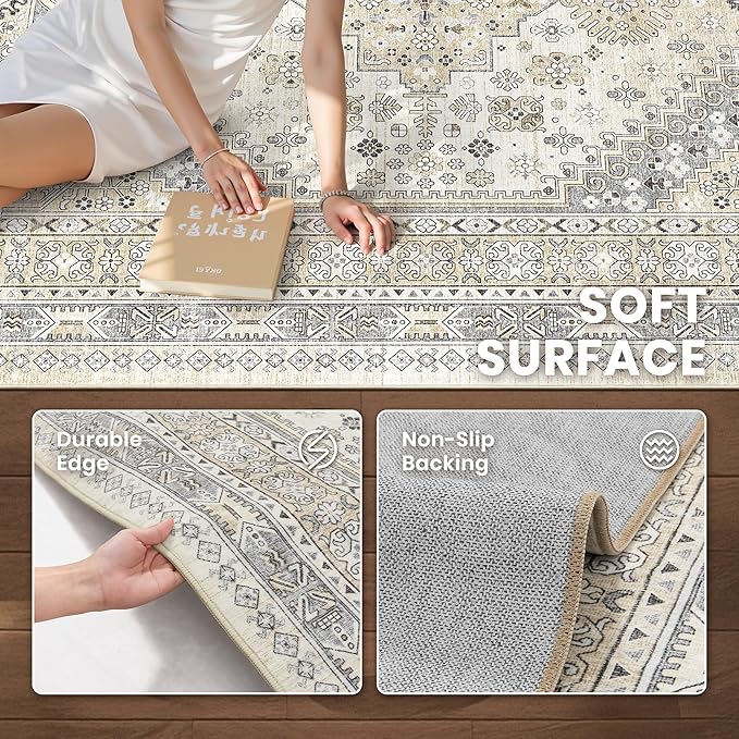 zesthome Washable Round Rug - 5ft Ultra-Thin Circle Area Rugs, Vintage Non-Slip Low Pile Rug for Living Room, Stain Resistant Rug for Bedroom, Entryway, Kitchen, Nursery