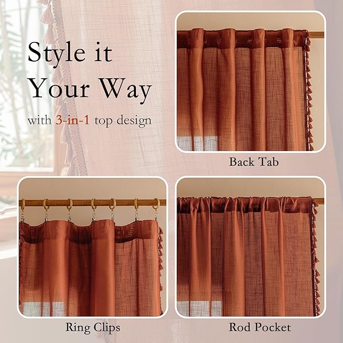 MYSKY HOME Bohemian Farmhouse Ceiling Curtains with Macrame for Living Room,Semi Sheers Light Filtering Privacy Protect Window Treatments Decor Back Tab,50" W×96" L,Terracotta，2 Panels