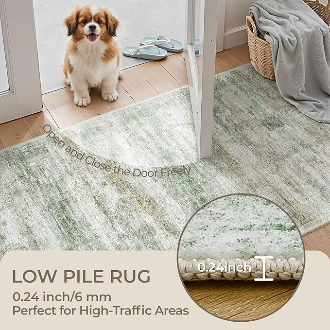 Washable Runner Rugs for Bedroom - 2x6 Runner Rug Non Slip, Ultra-Thin Entryway Runner, Soft Abstract Kitchen Runner for Hallway, Laundry, Indoor Door Mat(2'x6', Green/Yellow/Ivory)