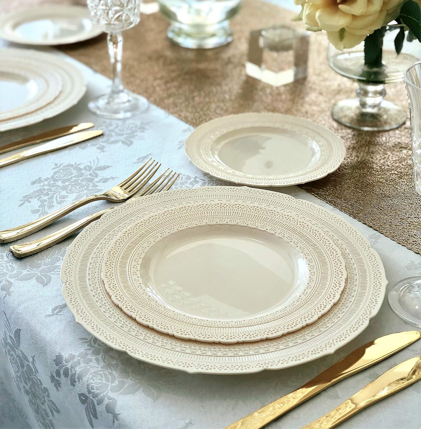 " OCCASIONS " 60 Plates Pack, Extra Heavyweight Vintage Wedding Party Disposable Plastic Plates (11'' Dinner Plate, Chateau in Ivory)