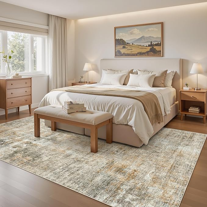 Soalmost 6x9 Abstract Area Rugs for Living Room 6 x 9 Washable Non Slip Low Pile Rugs for Bedroom Dining Room Foldable Thin Brown Grey