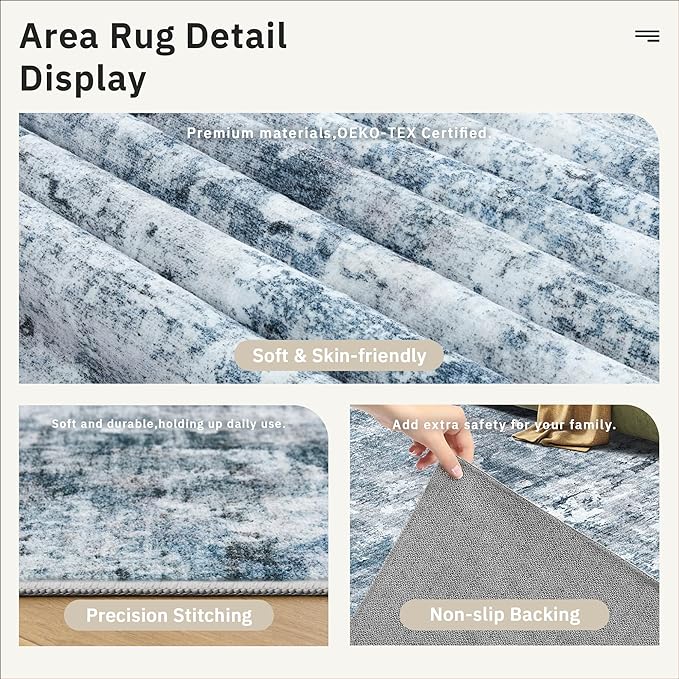 8x8 Blue/Grey Round Rug 8ft Living Room Circle Rug Vintage Round Area Rug Non Slip Indoor Carpet for Apartment