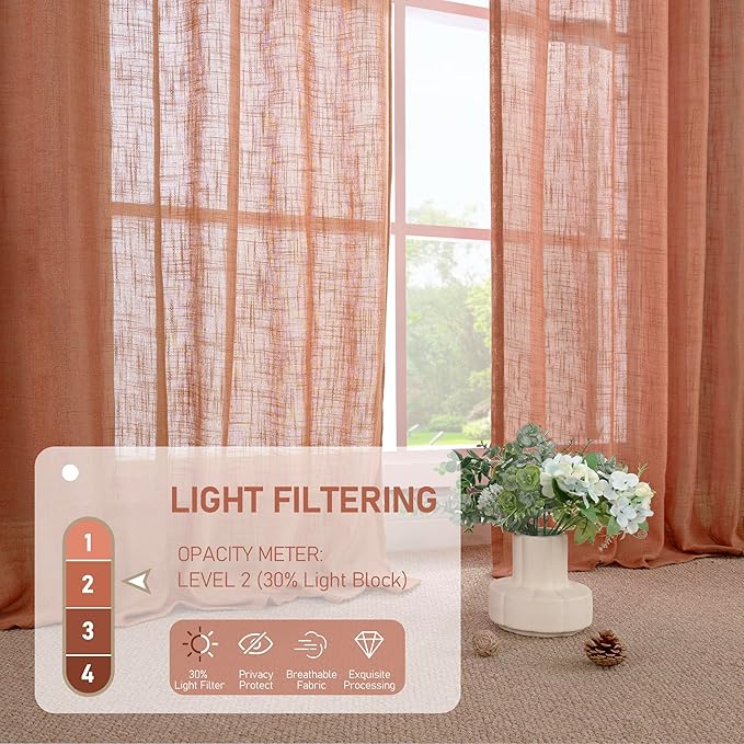 LAMIT Terracotta Linen Curtains 90 Inch for Living Room, Fall Western Decor Panels, Back Tab and Rod Pocket Boho Burnt Orange Rustic Drapes for Bedroom, Set of 2, 52 x 90 Inch