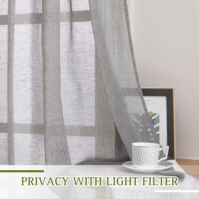 NICETOWN Living Room Sheer Linen Curtains for 84 inch Length 2 Panels Set, Grommet Semi Sheer Linen Blend Drapes Privacy with Light Filtering for Sliding Door, Charcoal Grey, W70 x L84