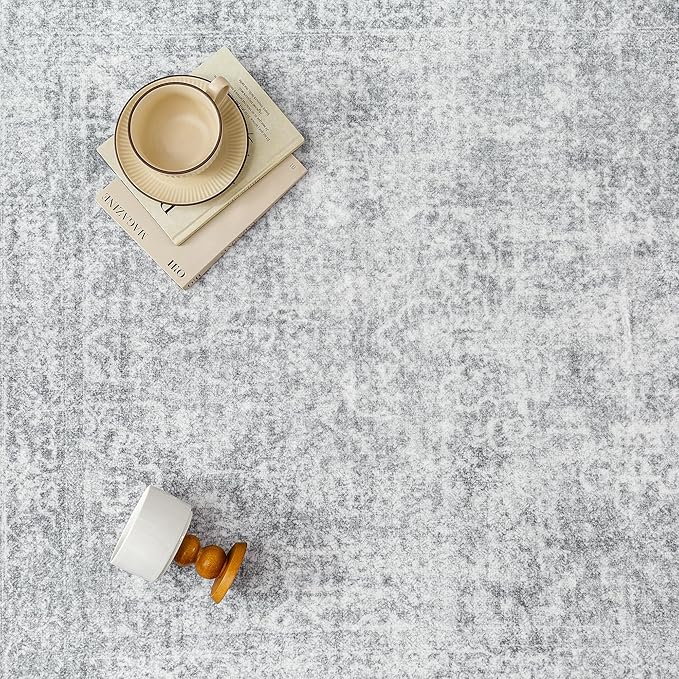 PureCozy 2x8 Runner Rug Washable Vintage Indoor Hallway Carpet Non Slip Grey Bedroom Low Pile Kitchen Distressed Long Retro Accent Throw Rug for Bathroom Dining Laundry Living Room