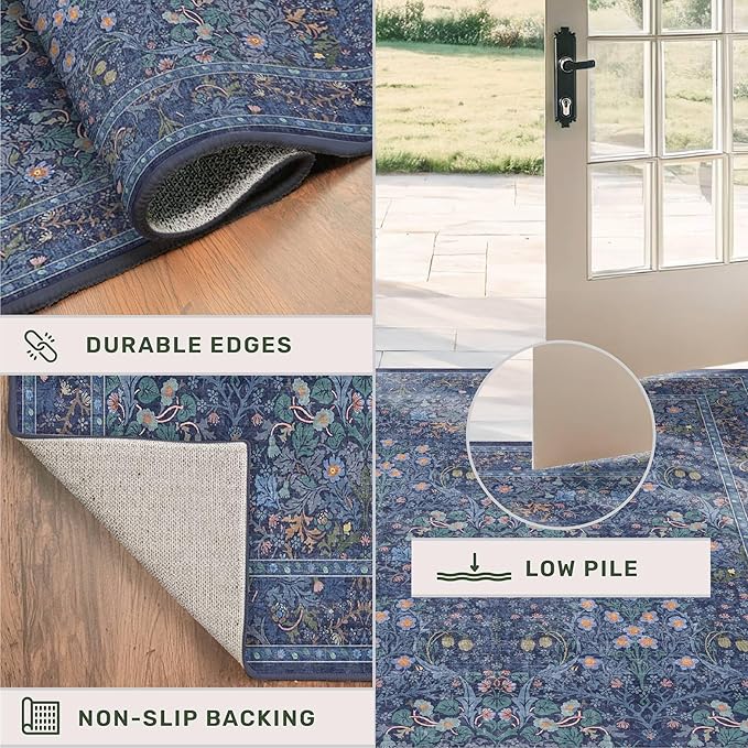 Non Slip 2x7 Dark Blue Runner Washable - Stain Resistant Long Runner Rugs for Kitchen, Entryway, Hallway, Bathroom, Bedroom Bedside - Dusky Navy Vintage Floral Décor