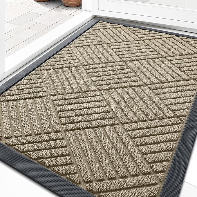 OLANLY Front Door Mat Outside Entrance 35x23, Absorbent, Heavy Duty Sturdy Natural Rubber Doormat Indoor Outdoor, Stain and Fade Resistant, Non-Slip Low Profile Floor Mat for Entryway, Beige Diamond