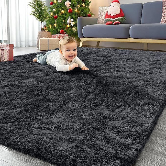 OLANLY 6x10 Machine Washable Large Area Rugs for Living Room, Bedroom, Soft Fluffy Shaggy Bedside Rug, Indoor Floor Carpet for Kids Girls and Boys, Dorms, Nursery, Home Decor Aesthetic, Black