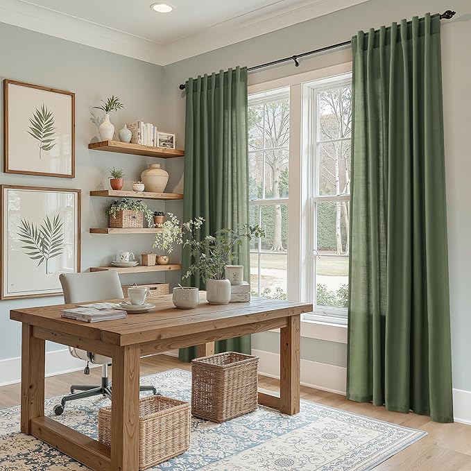 Nanspring Forest Green Linen Curtains 96 Inches Long for Living Room Light Filtering Semi Sheer Curtain Back Tab and Rod Pocket Wabi Sabi Boho Decor Drapes for Bedroom Office 52x96, 2 Panels