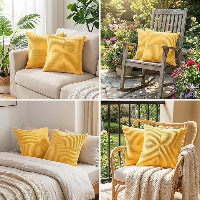 Fancy Homi 2 Packs Yellow Decorative Throw Pillow Covers 20x20 Inch for Living Room Couch Bed Sofa, Rustic Farmhouse Boho Home Decor, Soft Corss Corduroy Patchwork Accent Square Cushion Case 50x50 cm