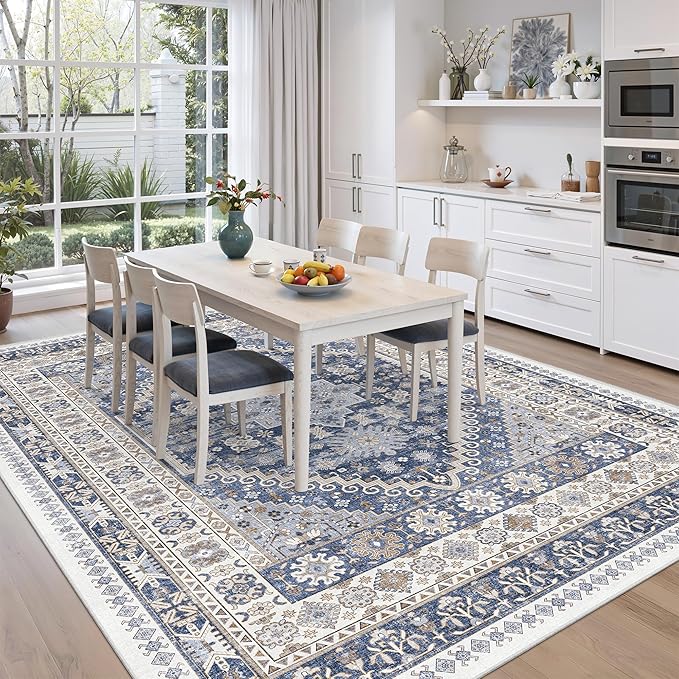 zesthome 8x10 Area Rugs for Living Room,Non-Slip Backing Washable Rugs,Vintage Large Area Rug,Stain Resistant Home Decor Rug (Blue/Beige,8'x10')