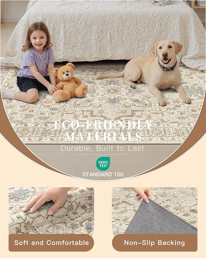 Madane 3x20 Hallway Runner Rug - Extra Long Carpet Runners for Hallways 20ft Non Slip Stain Resistant Rugs Runner for Living Room Bedroom 20 Feet Distressed Floor Carpet for Kitchen, Beige/Blue