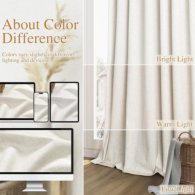 Guken Cream 100% Blackout Cream Linen Curtains 52 Inch Wide by 82 Inch 2 Panels Set for Living Room Bedroom Back Tab/Rod Pocket Thermal Insulated Black Out Drapes Room Darkening Window Curtains
