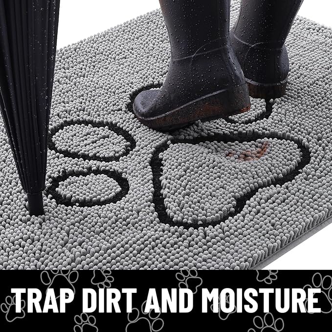 Smiry Dog Door Mat for Muddy Paws, Absorbent Dirt Trapper Non Slip Quick Dry Washable Chenille Mat for Mud Dogs, Entry Rug for Indoor and Outdoor (70x32 Inches, Grey and Black)