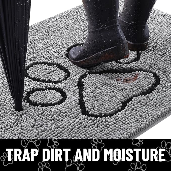 Smiry Dog Door Mat for Muddy Paws, Absorbent Dirt Trapper Non Slip Quick Dry Washable Chenille Mat for Mud Dogs, Entry Rug for Indoor and Outdoor (59x20 Inches, Grey and Black)