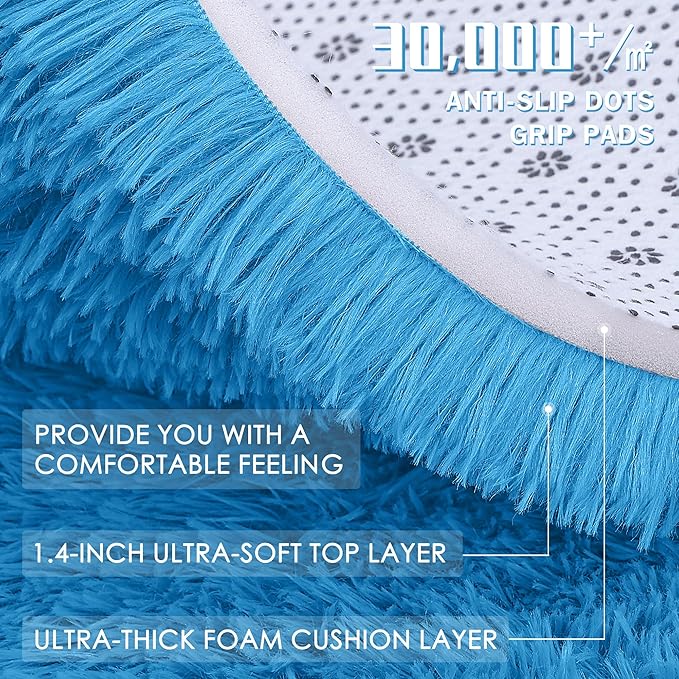 OLANLY Bright Blue Round Rugs for Bedroom - Machine Washable, 6 ft Circle Area Rugs for Living Room, Soft and Fluffy Shaggy Carpet for Teen Girl and Boys, Nursery Rooms, Dorms, Home Decor Aesthetic