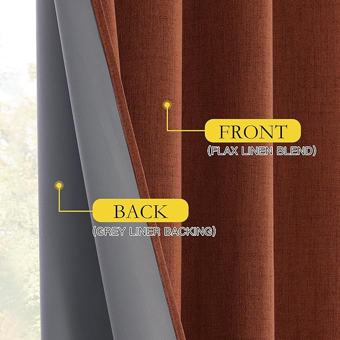 NICETOWN 100% Absolutely Blackout Linen Curtains with Thermal Insulated Liner, 62" Wide, 2 Panels, 84" Long Drapes, Grommet Retro Burnt Orange Linen Curtains Vertical Drapes Privacy for Bedroom