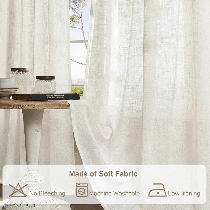 LAMIT 54 inches Long Semi Sheer Linen Curtains 2 Panels, Cream Ivory Light Filtering Panels Back Tab and Rod Pocket Boho Neutral Drapes for Living Room/Bedroom/Farmhouse, 38 x 54 Inch