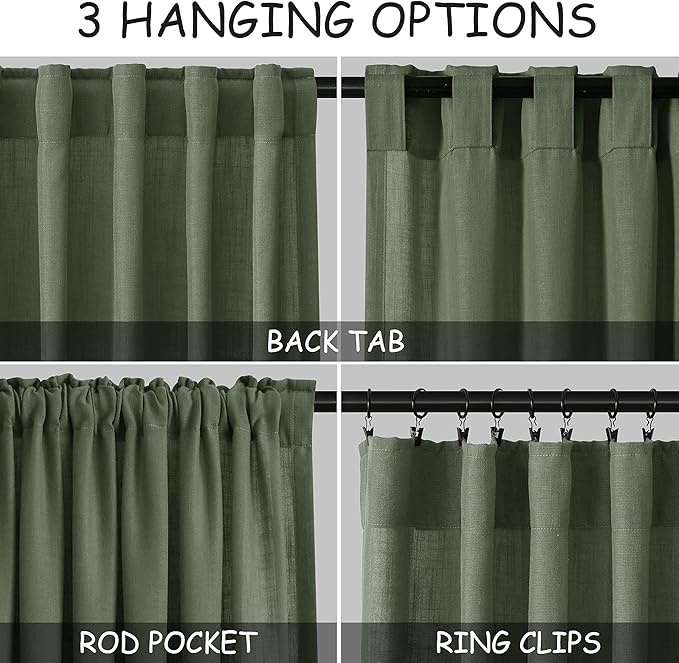 136 Inch Extra Long Curtain for Floor to Ceiling High Window Olive Green Linen Back Tab Curtains for Living Room Filtered and Breathable Semi Sheer Drapes Modern Farmhouse Boho Decor 52x136,2PCS