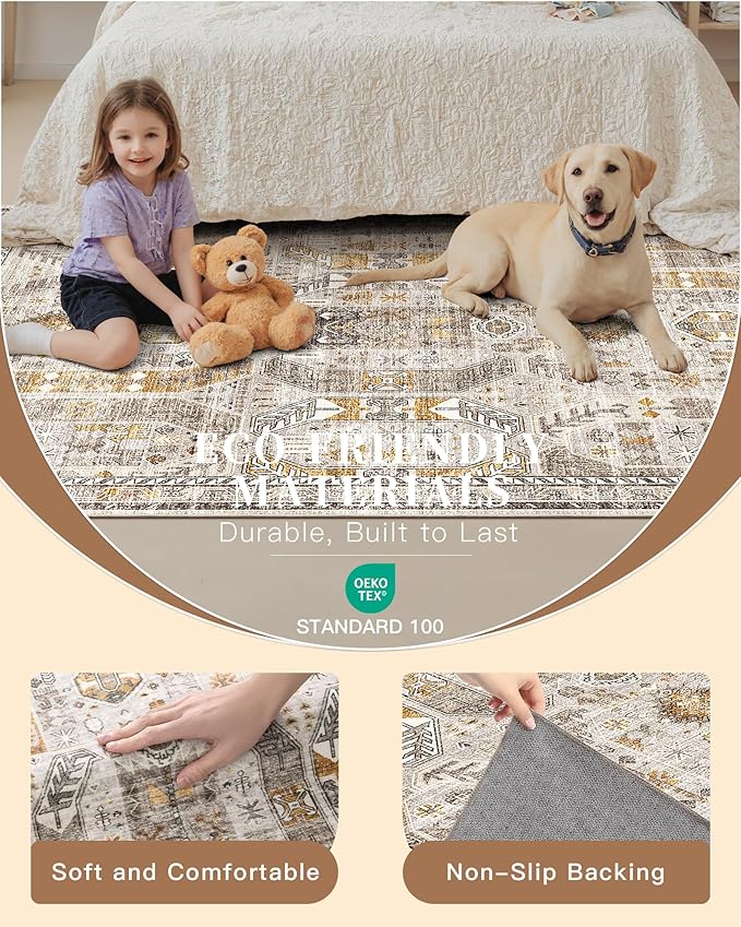 Madane 5x7 Area Rugs for Living Room, Stain Resistant Washable Rugs, Non-Slip Backing Area Rug, Vintage Home Decor Rug for Bedroom (Brown/Gold, 5'x7')