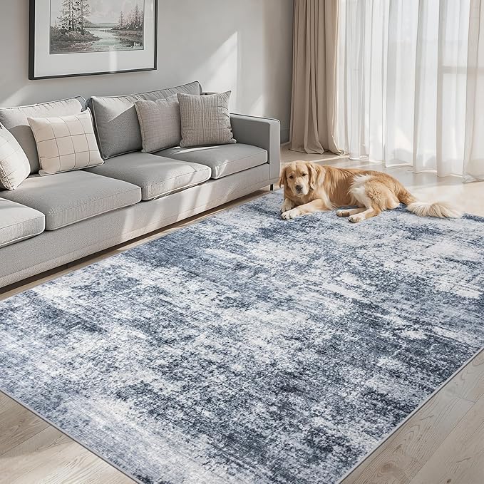 Area Rugs 10x14 Living Room - Washable Rug Modern Abstract Soft Large Neutral Non-Slip Carpet Indoor Floor Thin Carpets for Bedroom Dining Room Farmhouse Nursery Home Office Grey Blue