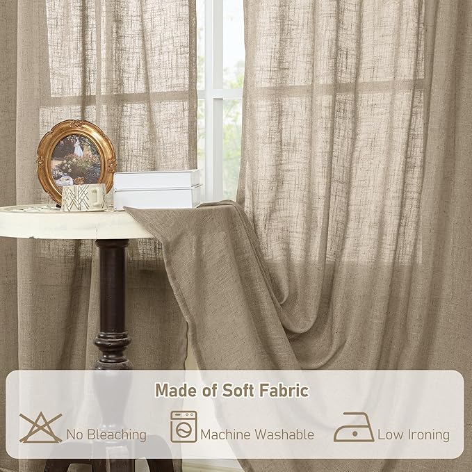 LAMIT Taupe Linen Curtains 54 Inch Length 2 Panels, Light Filtering Panels Back Tab and Rod Pocket Country Decor Drapes for Bathroom/Window/Bedroom, 52 x 54 Inch
