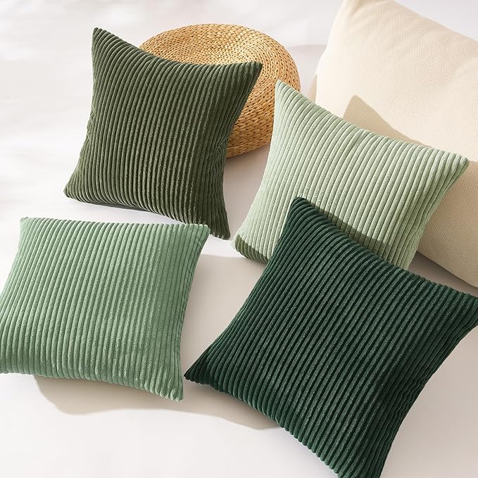 Topfinel Light Green Decorative Throw Pillow Covers Green Series,Winter Fluffy Corduroy Striped Euro Pillows Shams for Couch Bed Bedroom,Western Modern Hunter Green Pillowcase 20x20 Inch Set of 4