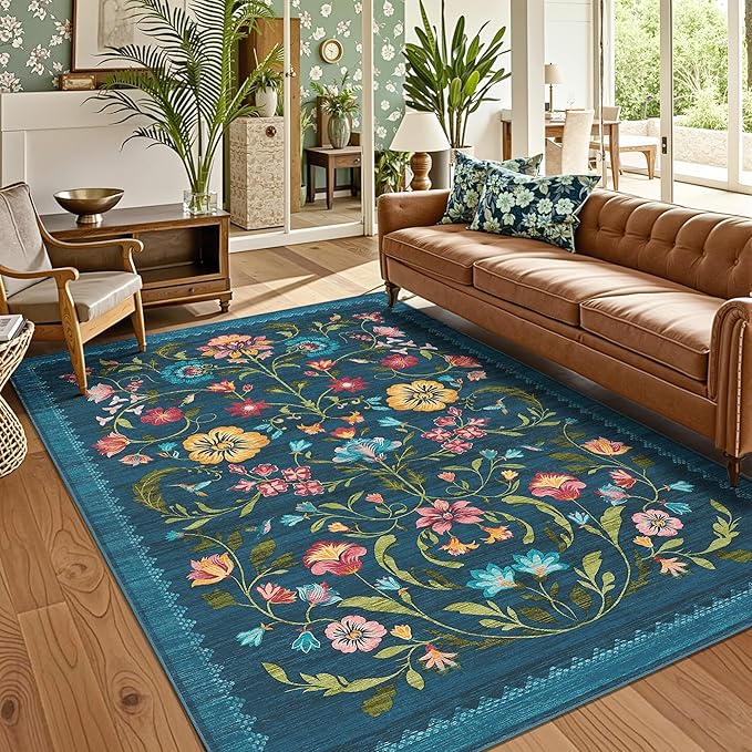 GarveeHome Washable Rug 8x10 Area Rugs for Living Room, Floral Rug for Bedroom, Soft Vintage Non Slip Throw Rugs with Rubber Back, Low Pile Stain Resistant Boho Floral Carpet for Dining Room, Blue