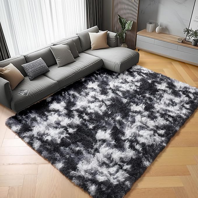 ONASAR 8x10 Area Rugs for Living Room, Black and White Large Fluffy Bedroom Rug, Soft Plush Thick Shaggy Big Floor Carpet for Kids Boy Girls Teen Dorm Nursery Indoor Home Decor Aesthetic
