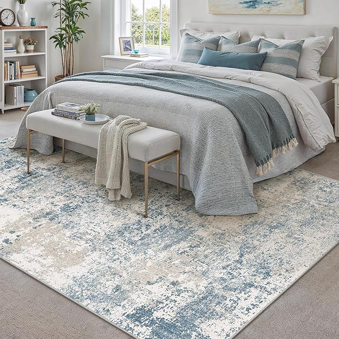 Blue 5x7 Area Rug Washable Modern Abstract Living Room Carpet Non Slip Neutral Low Pile Soft Contemporary Aesthetic Indoor Rug for Kitchen Office Laundry Bedroom Dining Room