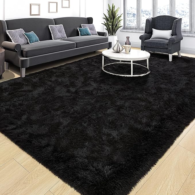 Tepook Fluffy Large Rugs for Living Room, Shag Area Rug 6x9 Soft Carpet for Bedroom, Modern Shaggy Rug for Kids Boys Girls, Plush Indoor Nursery Home Decor Rug with Non-Slip Bottom, Black, 6 X 9 Feet