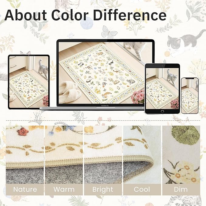 Cat 4x6 Area Rugs, Machine Washable Animal Floral Accent Rug Non-Slip Low Pile Soft Throw Rugs for Entryway Kitchen Bedside Living Room Bedroom Nursery Playroom (4 x 6,Beige)