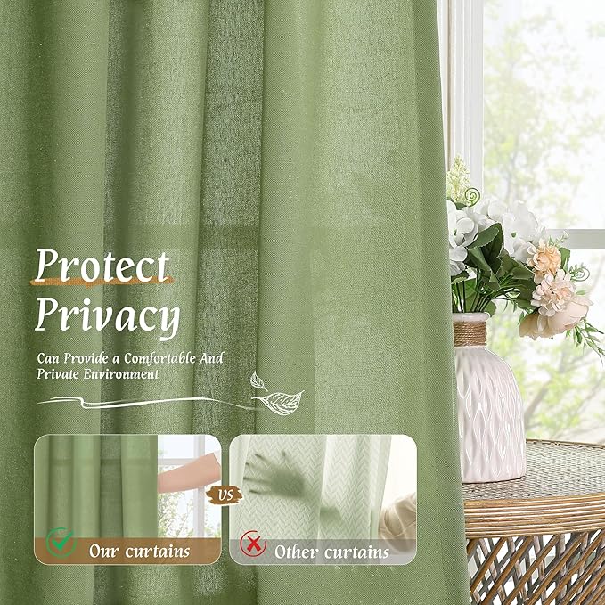 LAMIT Faux Linen Curtains 63 inches Long for Bedroom, Rod Pocket Thick Linen Drapes Light Filtering Privacy Window Spring Decor Curtains for Living Room, 2 Panels (52 x 63 Inch, Green)