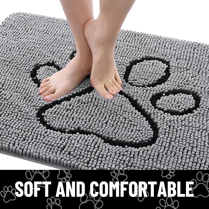 Smiry Dog Door Mat for Muddy Paws, Absorbent Dirt Trapper Non Slip Quick Dry Washable Chenille Mat for Mud Dogs, Entry Rug for Indoor and Outdoor (54x24 Inches, Grey and Black)
